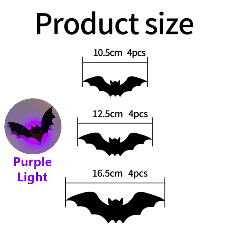 LED Bats Spider Decor - Glow-In-The-Dark 3D Wall Stickers with Green Lights for Indoor/Outdoor Halloween Party Scares