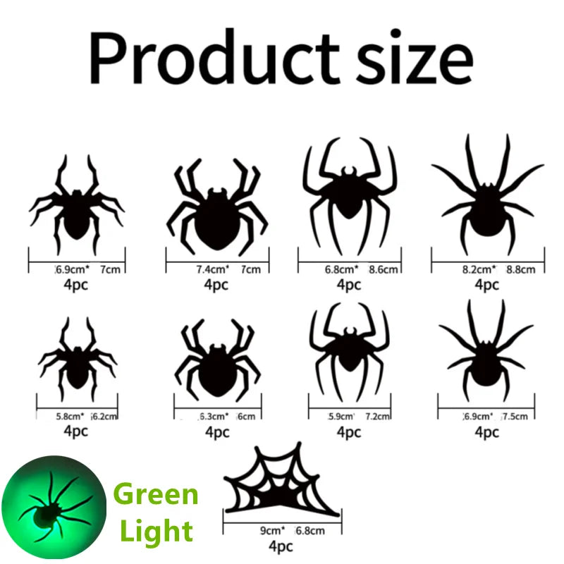 LED Bats Spider Decor - Glow-In-The-Dark 3D Wall Stickers with Green Lights for Indoor/Outdoor Halloween Party Scares