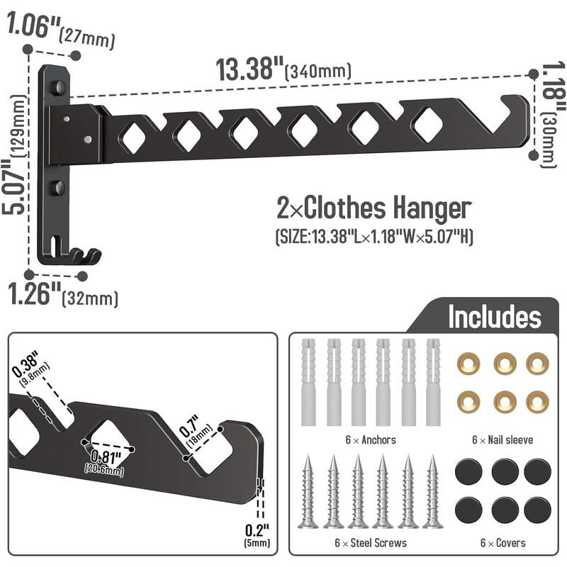 Wall Mounted Drying Rack Clothing Foldable for Laundry Room, Clothes Drying Rack Folding Indoor, Matte Black 2 Packs