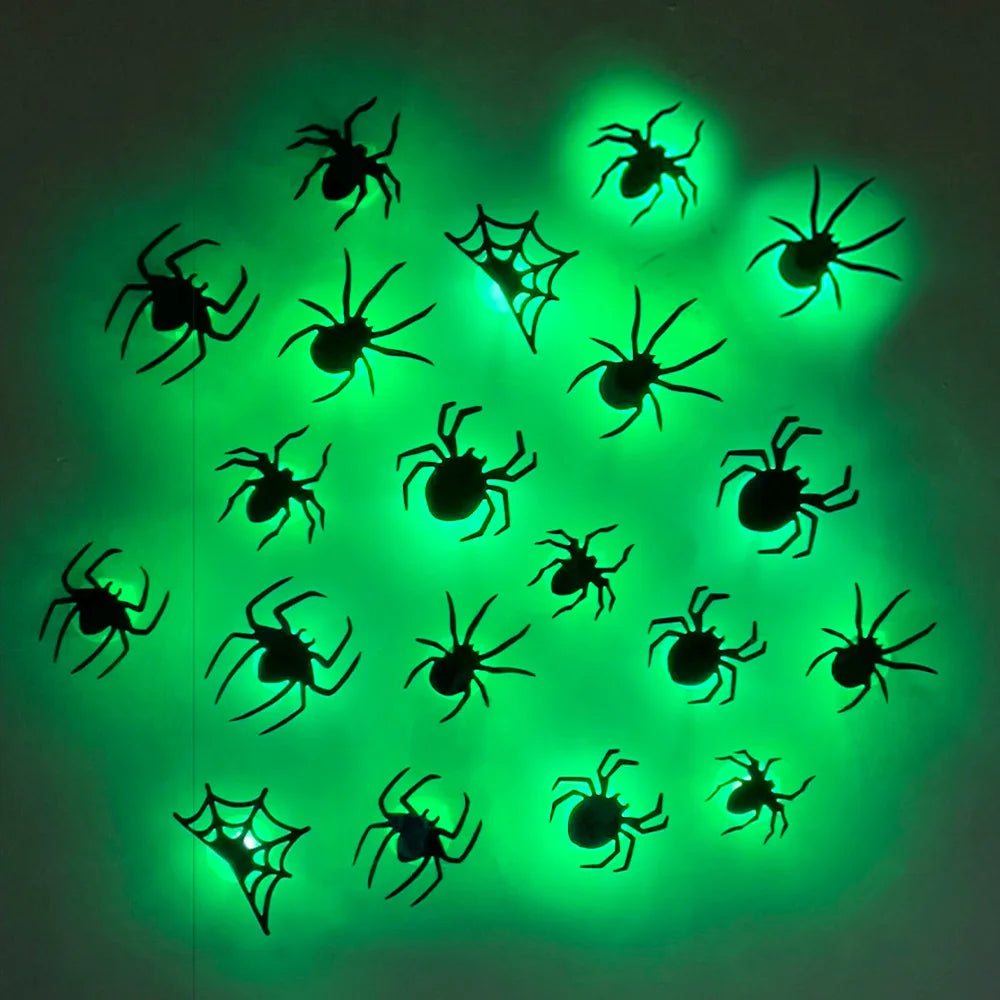 LED Bats Spider Decor - Glow-In-The-Dark 3D Wall Stickers with Green Lights for Indoor/Outdoor Halloween Party Scares