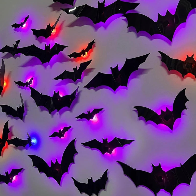 LED Bats Spider Decor - Glow-In-The-Dark 3D Wall Stickers with Green Lights for Indoor/Outdoor Halloween Party Scares