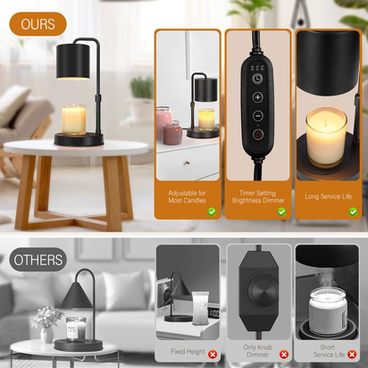 Candle Warmer Lamp Adjustable Height Dimmable Candle Lamp Warmer with Timer Compatible with Large Jar Candles No Flame Scented Candle Wax Warmer with 2 Bulbs Mothers Day Gift -Black