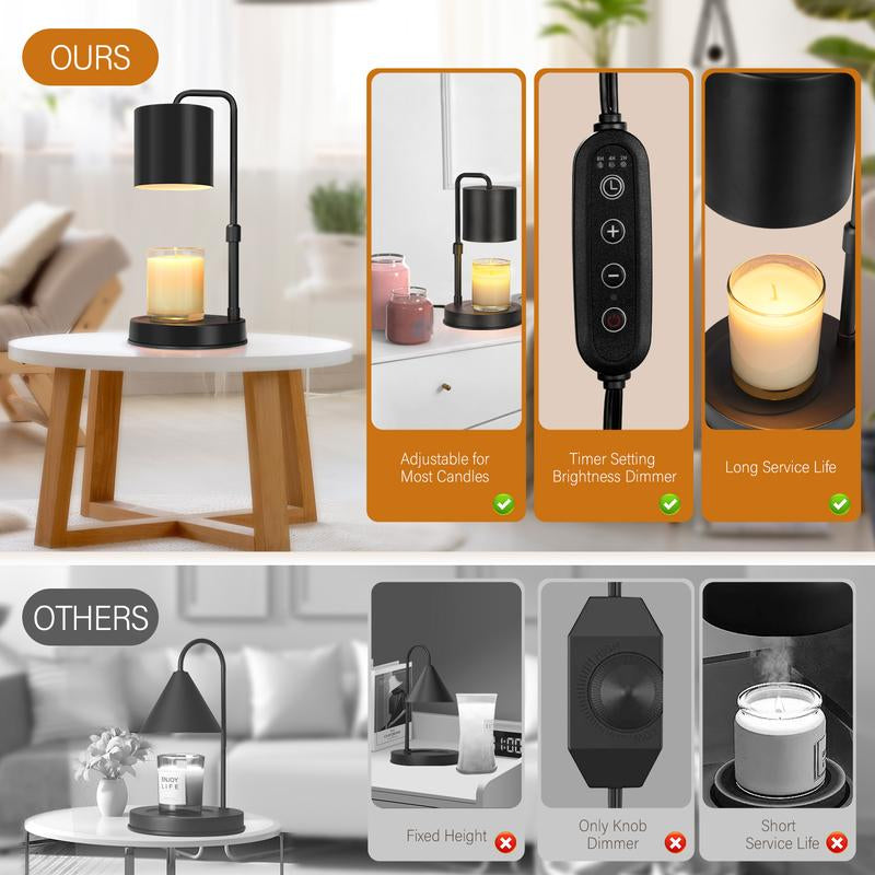 Candle Warmer Lamp Adjustable Height Dimmable Candle Lamp Warmer with Timer Compatible with Large Jar Candles No Flame Scented Candle Wax Warmer with 2 Bulbs Mothers Day Gift -Black