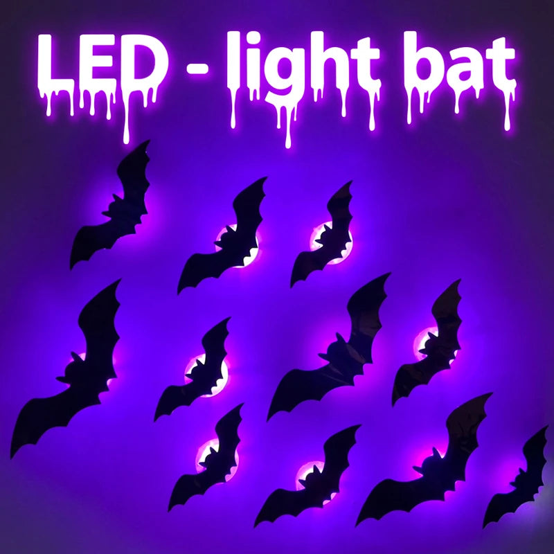 LED Bats Spider Decor - Glow-In-The-Dark 3D Wall Stickers with Green Lights for Indoor/Outdoor Halloween Party Scares