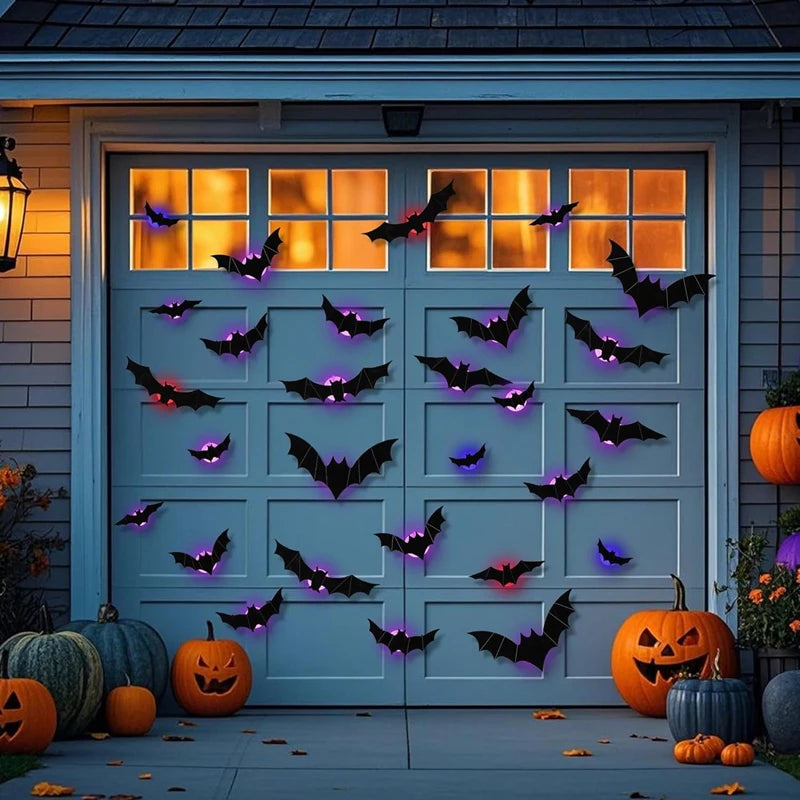 LED Bats Spider Decor - Glow-In-The-Dark 3D Wall Stickers with Green Lights for Indoor/Outdoor Halloween Party Scares
