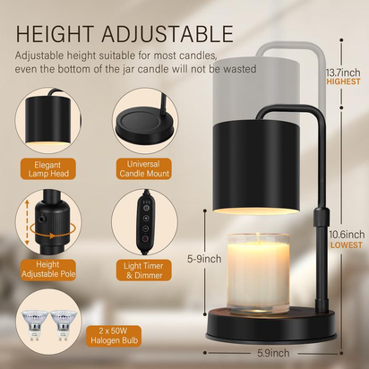 Candle Warmer Lamp Adjustable Height Dimmable Candle Lamp Warmer with Timer Compatible with Large Jar Candles No Flame Scented Candle Wax Warmer with 2 Bulbs Mothers Day Gift -Black