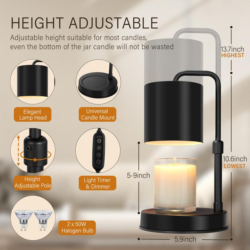 Candle Warmer Lamp Adjustable Height Dimmable Candle Lamp Warmer with Timer Compatible with Large Jar Candles No Flame Scented Candle Wax Warmer with 2 Bulbs Mothers Day Gift -Black