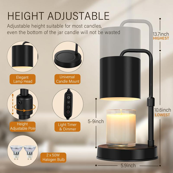 Candle Warmer Lamp Adjustable Height Dimmable Candle Lamp Warmer with Timer Compatible with Large Jar Candles No Flame Scented Candle Wax Warmer with 2 Bulbs Mothers Day Gift -Black