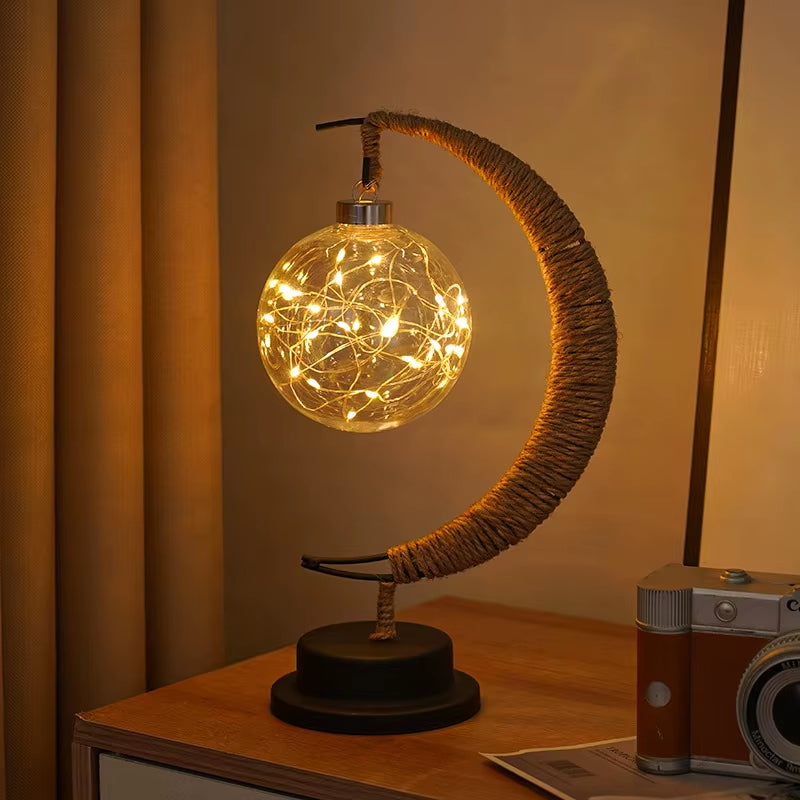 1Pc LED Moon Lamp,Iron Art Decorative Table Lamp for Bar,Bedroom,Living Room,Battery Powered Black Portable Night Light