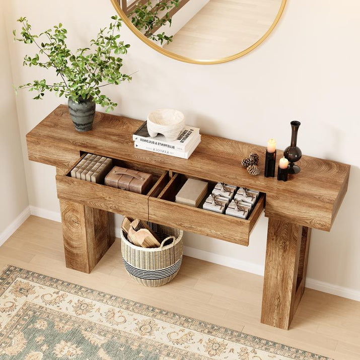 IRONCK 63" Long Console Table with 2 Drawers, Wooden Sofa Table behind Couch, Farmhouse Entryway Table for Entrance, Living Room, Hallway