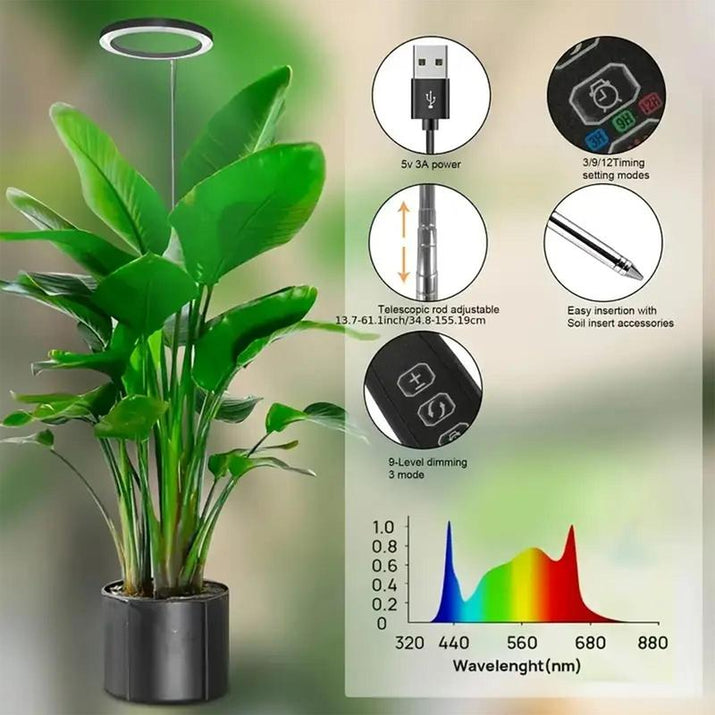 Adjustable LED Grow Light, USB Powered Plant Light with Auto On/Off Timer, Height Adjustable LED Grow Light for Indoor Plants, Garden Supplies