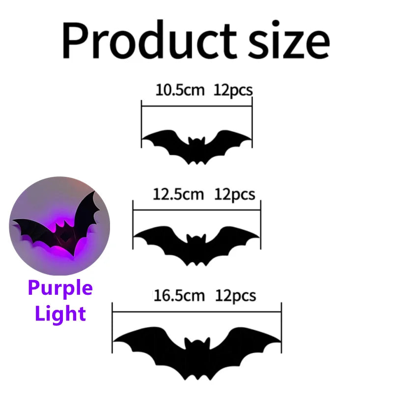 LED Bats Spider Decor - Glow-In-The-Dark 3D Wall Stickers with Green Lights for Indoor/Outdoor Halloween Party Scares