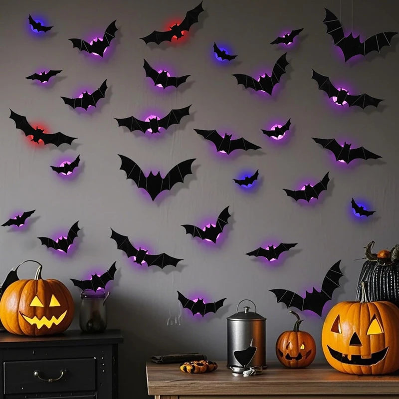 LED Bats Spider Decor - Glow-In-The-Dark 3D Wall Stickers with Green Lights for Indoor/Outdoor Halloween Party Scares